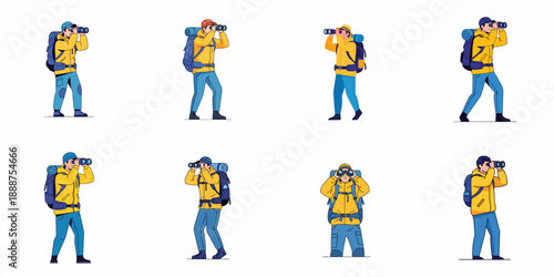 Adventure and Discovery: Collection of Male Tourists and Backpackers Using Binoculars for Observation and Exploration Vector Illustrations.