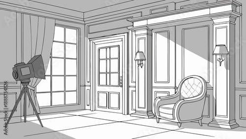 Elegant Interior Sketch Camera Chair and Architectural Details.
