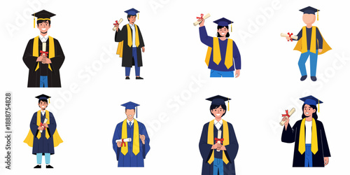 Happy Diverse Group of Graduates Holding Diplomas in Graduation Gowns and Caps: Collection of Eight Students Celebrating Academic Achievement Vector Set.