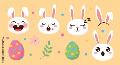 Cute cartoon Easter bunnies with various expressions and colorful eggs on a cheerful light orange background.