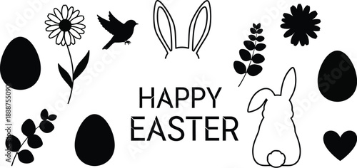 Happy Easter themed collection of black and white silhouettes and outlines featuring bunnies, eggs, flowers, and natural elements.