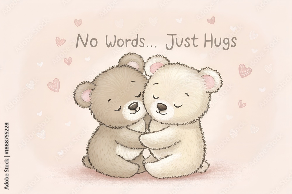 Obraz premium Cute Teddy Bears Hugging Illustration, Romantic 