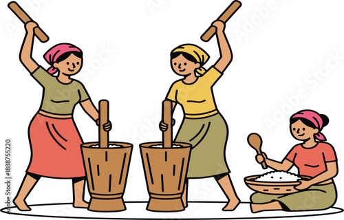 Women Pounding Grain in Mortar Traditional Village Food Preparation Illustration