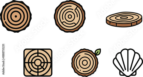 Wood Log Cross Section and Tree Ring Icon Set Flat Vector Illustration
