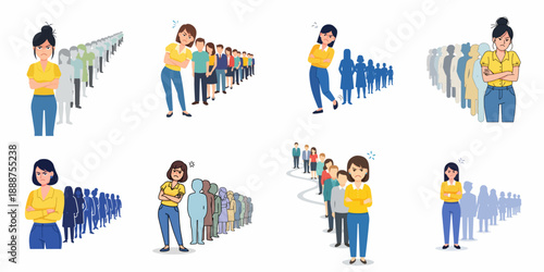 Frustrated woman waiting impatiently in a long queue, annoyed by delays and poor service, vector illustration set.