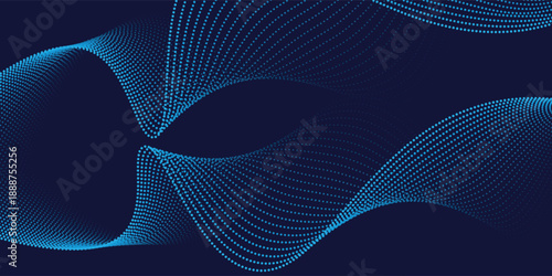Flowing dots particles wave pattern in blue green colors. Vector curve light line. Abstract background banner design for music, Ai technology, neural network concept