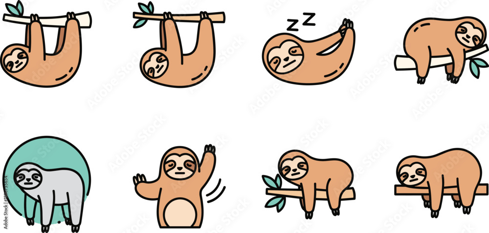 Naklejka premium Set of Cute Sloth Character Icons, Flat Vector Illustrations of Lazy Sloth Sleeping and Hanging for Wildlife Nature Design