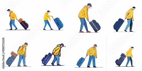 Man struggling with heavy luggage set. Overpacking and travel fatigue concept illustrations isolated on white background.