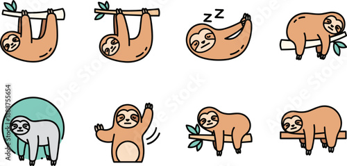 Set of Cute Sloth Character Icons, Flat Vector Illustrations of Lazy Sloth Sleeping and Hanging for Wildlife Nature Design