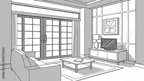 Living Room Interior Design Sketch with Furniture and Window.