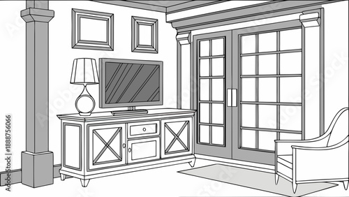 Living Room Interior Design Sketch with TV and Furniture.