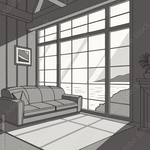 Monochromatic Living Room Interior with Large Window View.