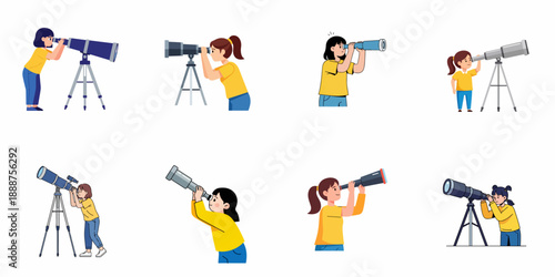 Cartoon set of eight girls observing or searching using telescopes and monoculars, representing science, exploration, future, and discovery.