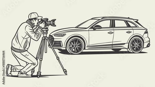 Photographer Capturing a Car with Professional Camera.