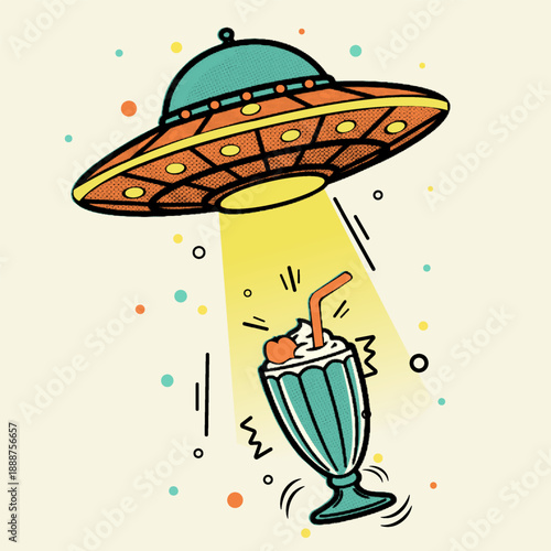 Halftone pop art dot alien spaceship beaming up sweet milkshake food concept vector illustration