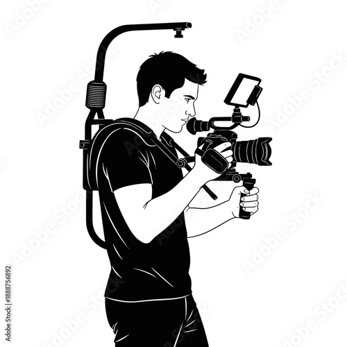 Videographer using DSLR camera with stabilizer and monitor setup  
