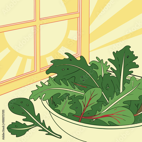 Bowl of Fresh Leafy Greens Bathed in Sunlight