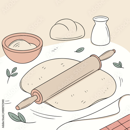 Dough being rolled with flour and ingredients for baking