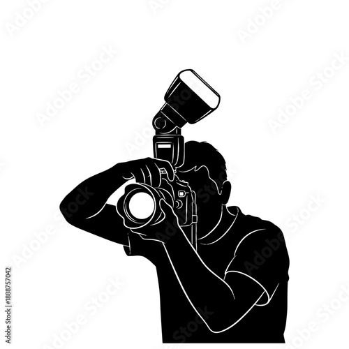Photographer using external flash on camera in silhouette style  