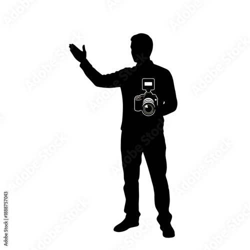 Silhouette of a studio photographer gesturing with a camera in hand  