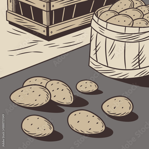 Earthy Potatoes Scattered Near Rustic Crate and Basket