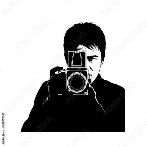 Retro photographer with a medium format camera, shooting in a studio  