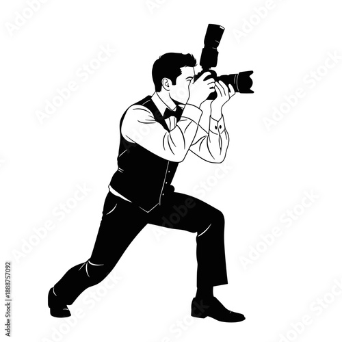 Wedding photographer capturing moment while running in formal attire  