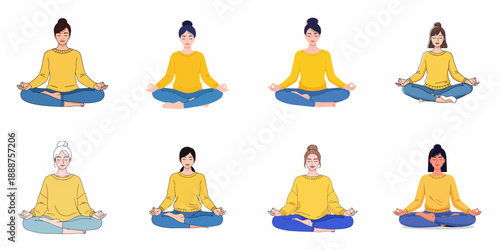 A collection of eight diverse women meditating in a yoga lotus pose, promoting mindfulness, relaxation, and wellness.