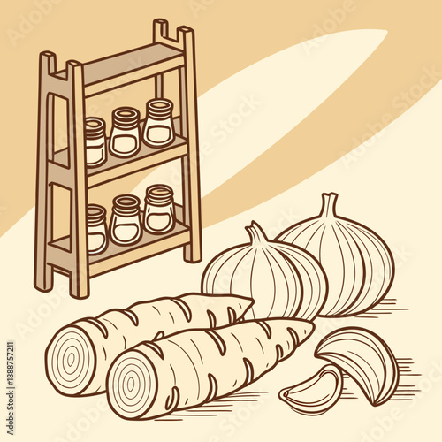 Fresh Ingredients on a Kitchen Shelf