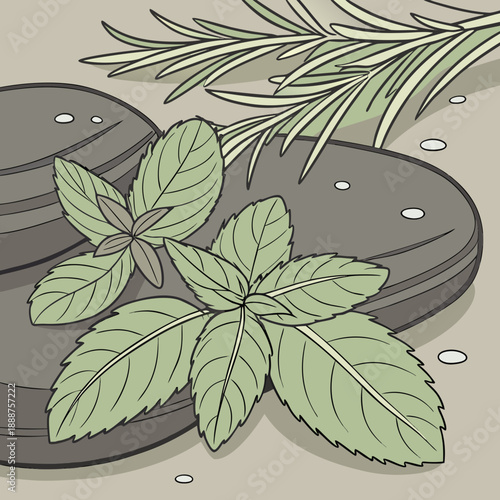 Fresh Mint and Rosemary Sprigs with Dew Drops