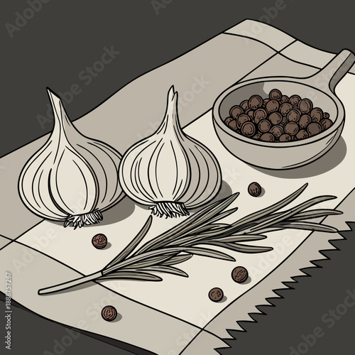 Garlic Bulbs, Peppercorns, and Rosemary Sprig Illustration