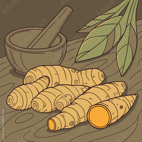 Turmeric and Ginger Roots with Mortar and Pestle