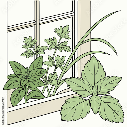 Window Sill Herbs Basil Mint Parsley Arrangement