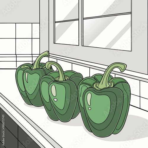 Vibrant Green Bell Peppers Lined Up on a Kitchen Counter