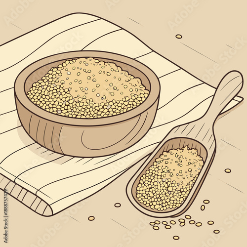 Wooden bowl and scoop filled with quinoa grains