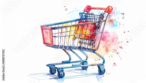 A stylized watercolor shopping cart filled with abstract colorful items, set against a clean white background.