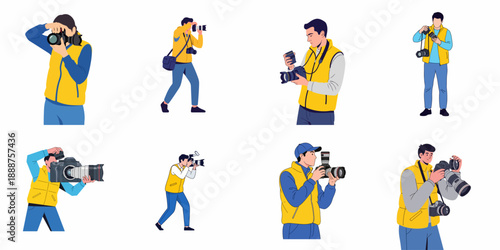 A collection of vector illustrations showing a professional photographer taking photos, adjusting equipment, and working, isolated on white.