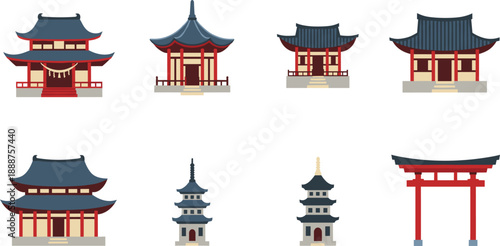 Set of Japanese Temple and Pagoda Icons, Flat Vector Asian Architecture Illustrations with Torii Gate for Travel Branding