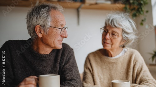 Elderly couple sitting at a table with two cups of coffee in front of them.