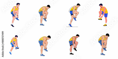 Vector illustration set of a male runner tying his shoelaces before a workout, highlighting preparation for running and fitness training.