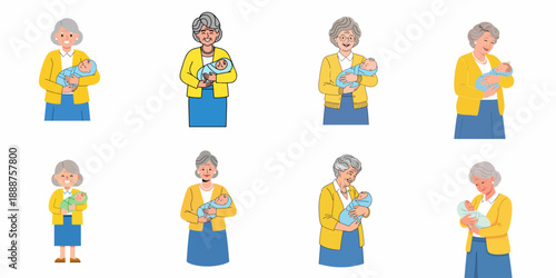 Happy grandmother holding a newborn baby set of illustrations, depicting family love, tenderness, and intergenerational connection on a white background.