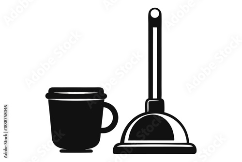plunger with cup line art silhouette vector illustration