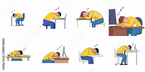 Collection of Tired Male Employee Napping at Office Desk Set. Businessman Sleeping Due to Exhaustion, Overwork, or Laziness. Overload Concept.