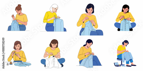 Women Mending and Sewing Buttons onto Shirts, Showcasing DIY Clothing Repair, Tailoring, and Household Craft Activities.