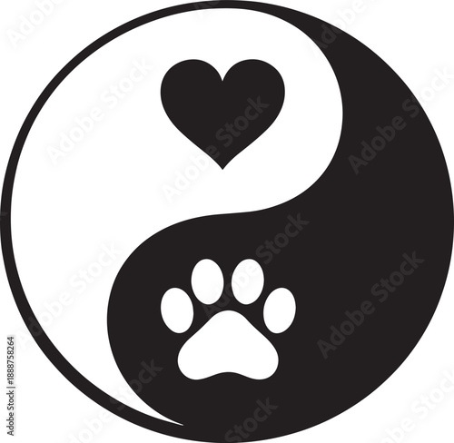 Black and white yin yang pet love symbol with heart and paw
