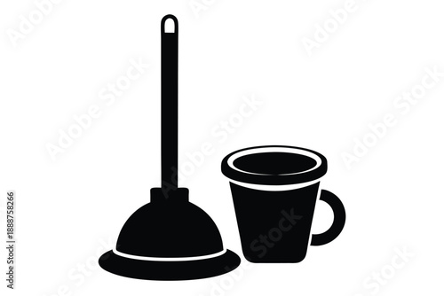 plunger with cup line art silhouette vector illustration