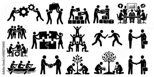 Business teamwork and cooperation silhouettes set featuring people collaborating, solving puzzles, building together and handshakes