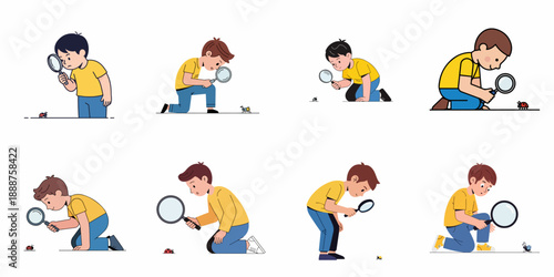 Cartoon set of boys examining insects with magnifying glass, portraying curiosity, exploration, and nature study in childhood education.