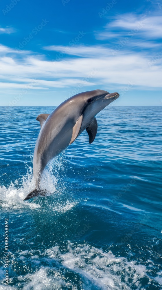Naklejka premium dolphin. Dolphin leaping from ocean water, splash in mid-air, natural sunlight. wildlife magazines, conservation campaigns, designed for nature documentaries and education. 