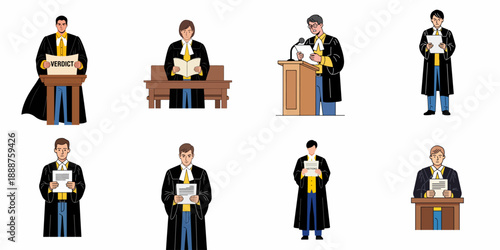 Legal professionals in judicial robes vector illustrations set, featuring judges and attorneys reading verdicts and briefs in court.